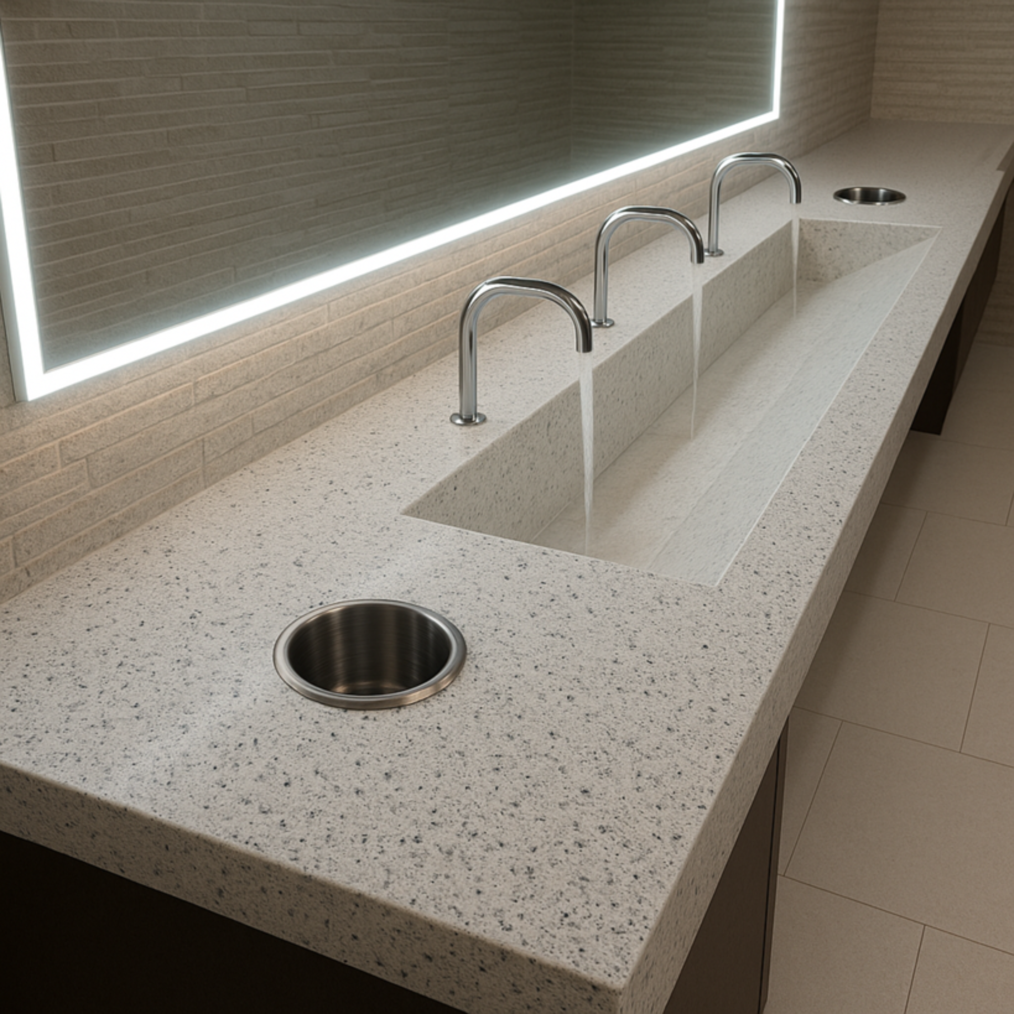 low flow bathroom faucet with water efficient sink in modern commercial restroom with touchless technology